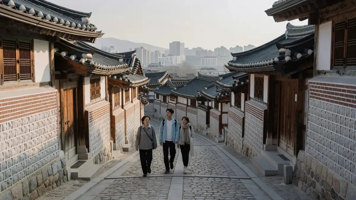 A private guide leading visitors through the tile-roofed hanok lanes of Bukchon on a seoul private tours city walk in Seoul, South Korea