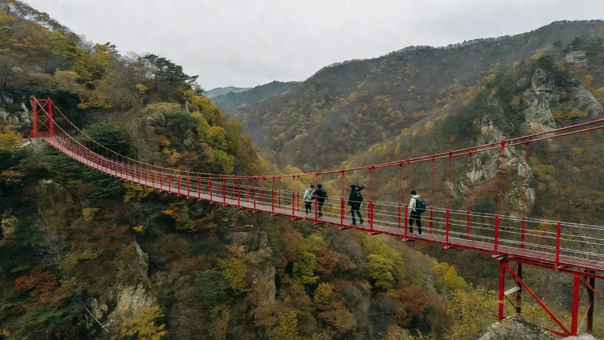 The red Gamaksan suspension bridge crossed near the end of a private DMZ tour from Seoul, South Korea