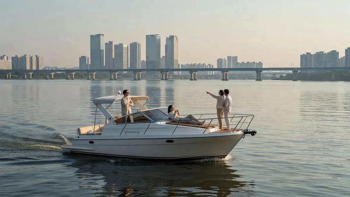 Private yacht cruising the Han River past the Seoul skyline on a seoul private tours full-day custom itinerary in Seoul, South Korea