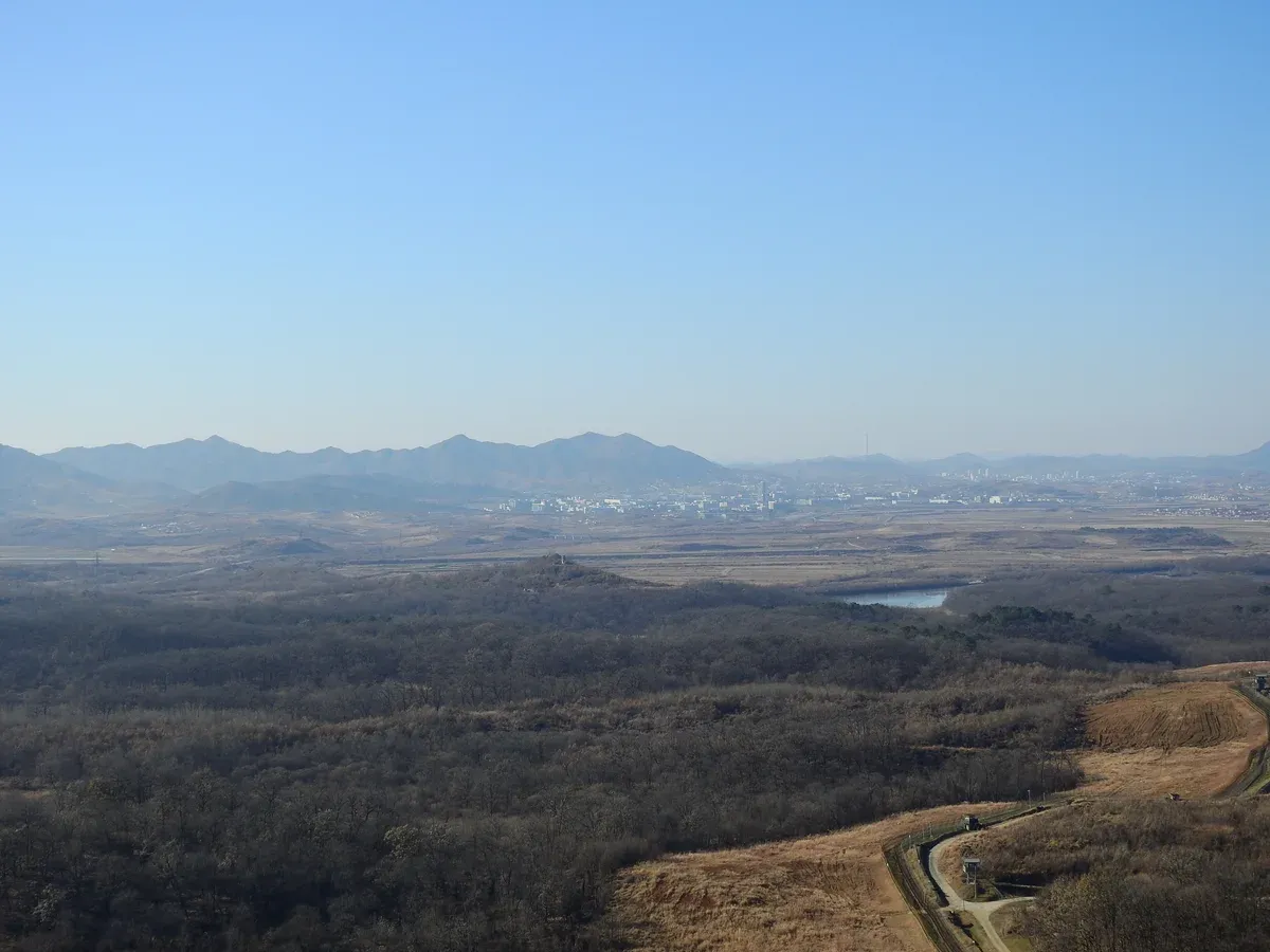 Winter hills and the border valley north of Dora Observatory on a DMZ tour from Seoul